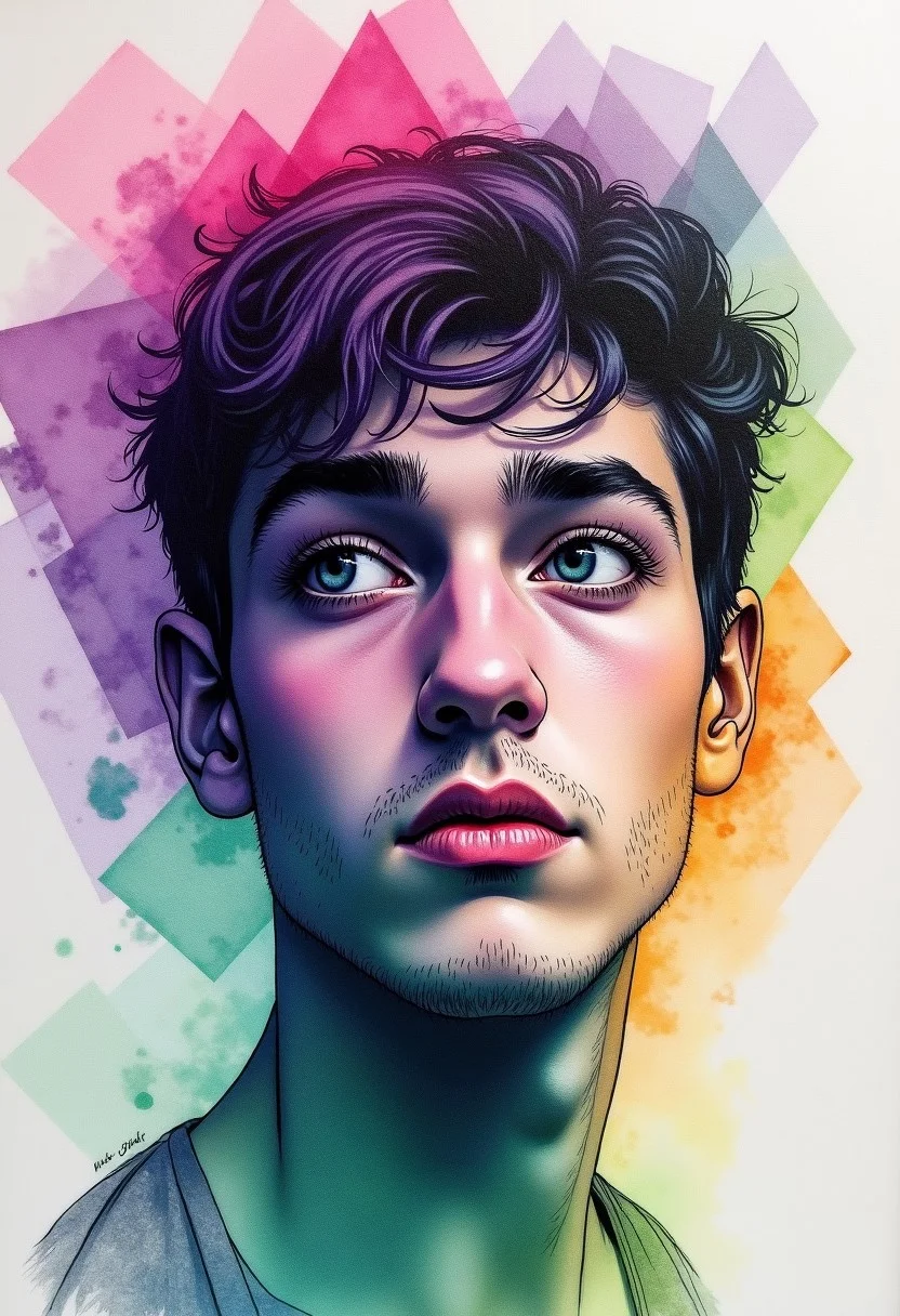 surreal portrait of a handsome young man made in watercolor, large bright blurred watercolor ((geometric)) shapes (Purple, Pink, Green) in the foreground portrait of a young man in black marker, his sad face, long thick eyelashes, thin lips with corners down, masterpiece, modern art, abstraction.
ART_painting,colored pencil,sketch,watercolor paper, (((paper texture))), watercolor