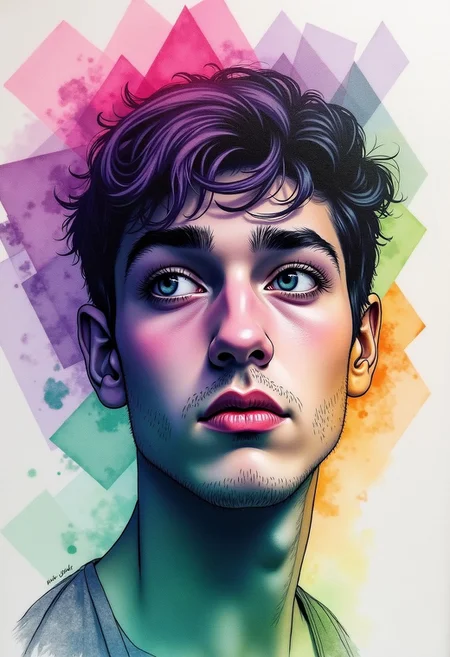 surreal portrait of a handsome young man made in watercolor, large bright blurred watercolor ((geometric)) shapes (Purple, Pink, Green) in the foreground portrait of a young man in black marker, his sad face, long thick eyelashes, thin lips with corners down, masterpiece, modern art, abstraction.
ART_painting,colored pencil,sketch,watercolor paper, (((paper texture))), watercolor
