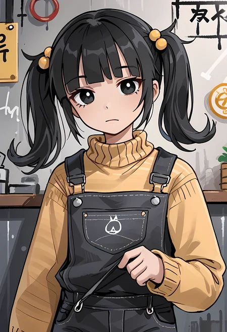 <lora:cassidy_v3:1>a drawing of a cartoon female wearing overalls 1girl, black hair, twintails, overalls, solo, black eyes,, hair ornament, sweater, looking at viewer, bangs, long sleeves, closed mouth,cassidy