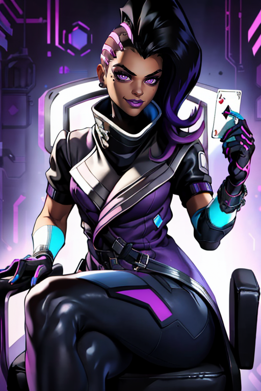 masterpiece,best quality,extreme detail,8k,image sharpness,<lora:sombra-10:0.8>, sombra2,1girl,solo,long hair,smile,black hair,gloves,holding,jewelry,sitting,purple eyes,purple hair,multicolored hair,earrings,belt,dark skin,fingerless gloves,mole,two-tone hair,dark-skinned female,coat,mole under eye,makeup,chair,crossed legs,lipstick,eyeshadow,asymmetrical hair,high collar,card,undercut,holographic interface,