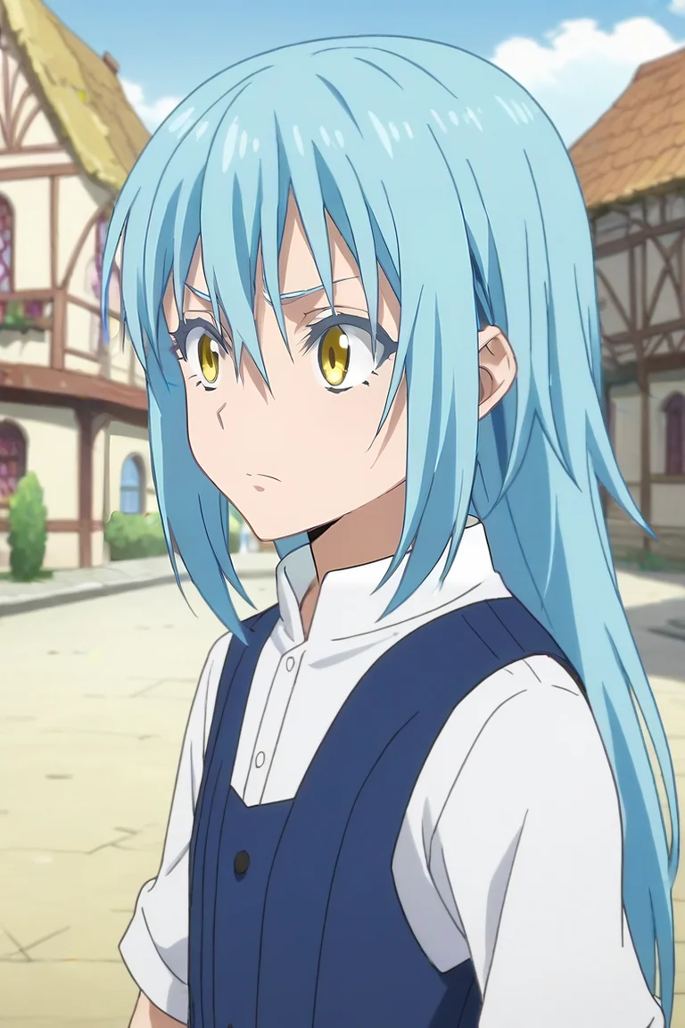 score_9, score_8_up, score_7_up, score_6_up, score_5_up, score_4_up, BREAK source_anime, anime screencap, , , , , , 1girl, solo, <lora:rimuru_tempest_pony:0.82>, rimuru_tempest, blue hair, yellow eyes, long hair, bangs, hair between eyes, , village, , <lora:sdxl_lightning_8step_lora:1>