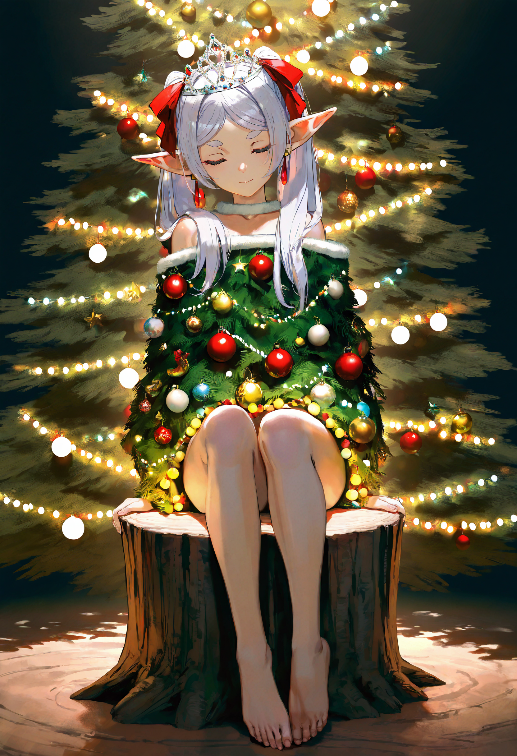 by [lack|fuzichoco|lam|kinta \(distortion\)|wlop|quasarcake|nixeu|happoubi jin|miyajima reiji],
christmas tree costume, 1girl,  frieren, solo, pointy ears, closed eyes, hair ribbon, dress, christmas ornaments, hair ornament, red ribbon, fur trim, full body, smile, tree stump, star \(symbol\), tiara, expressionless, 
very awa, masterpiece, best quality, very aesthetic, absurdres
<lora:illustrious_noobai_epsilon_pred_11_christmas_collection_v1:1>