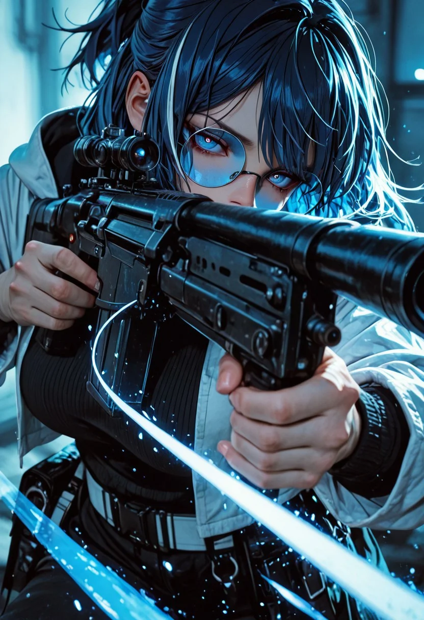 highres, very detailed, amazing quality, masterpiece,
very aesthetic,
particle effect,
1girl, Andreana from Arknights, large breasts, curvy, short hair, streaked hair, blue hair, white hair, short ponytail, blue eyes, round eyewear on eyes, blue-tinted eyewear, white jacket, hooded jacket, hood down, open jacket, layered sleeves, short over long sleeves, black sweater, turtleneck sweater, black pants, white belt, black bag, fanny pack,
Aiming a sniper, holding a sniper rifle, looking at viewer,
Close up, depth of field, ray_tracing, cowboy shot, extreme foreshortening, very aesthetic, cinematic,