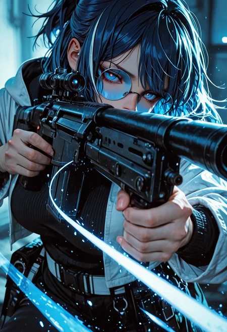 highres, very detailed, amazing quality, masterpiece,
very aesthetic,
particle effect,
1girl, Andreana from Arknights, large breasts, curvy, short hair, streaked hair, blue hair, white hair, short ponytail, blue eyes, round eyewear on eyes, blue-tinted eyewear, white jacket, hooded jacket, hood down, open jacket, layered sleeves, short over long sleeves, black sweater, turtleneck sweater, black pants, white belt, black bag, fanny pack,
Aiming a sniper, holding a sniper rifle, looking at viewer,
Close up, depth of field, ray_tracing, cowboy shot, extreme foreshortening, very aesthetic, cinematic,
