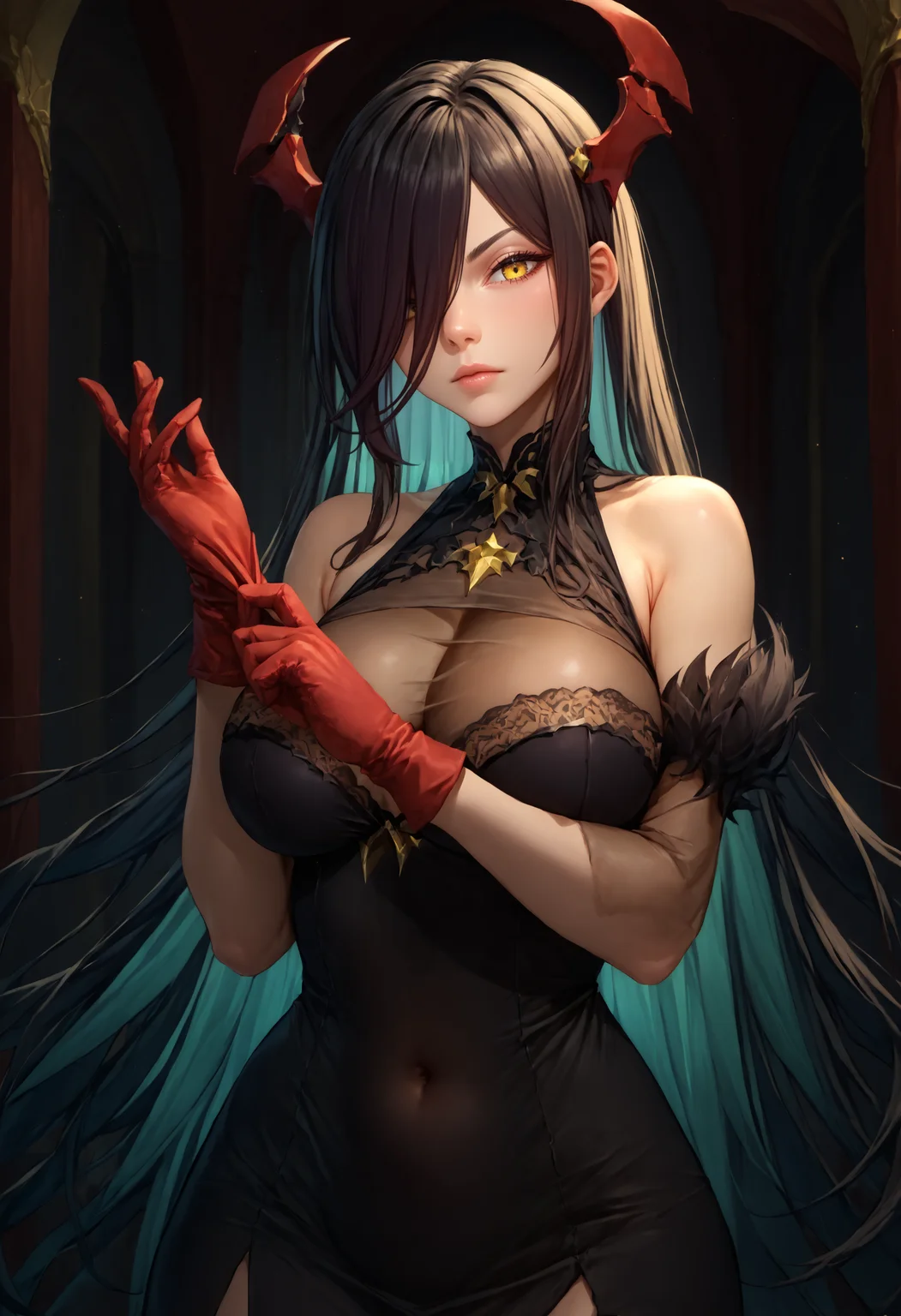 score_9, score_8_up, score_7_up, detailed, <lora:AdjustingGloves_XLPD:1.1>, adjusting clothes, adjusting gloves, upper body, looking at viewer, <lora:Hoseki_Azln_Frdrchdg_PDXL_v1:1> azlnfrdrchdg, large breasts, very long hair, hair over one eye, yellow eyes, black taut dress, bare shoulders, cleavage, see-through, covered navel, red gloves, indoors, dark enviroment,