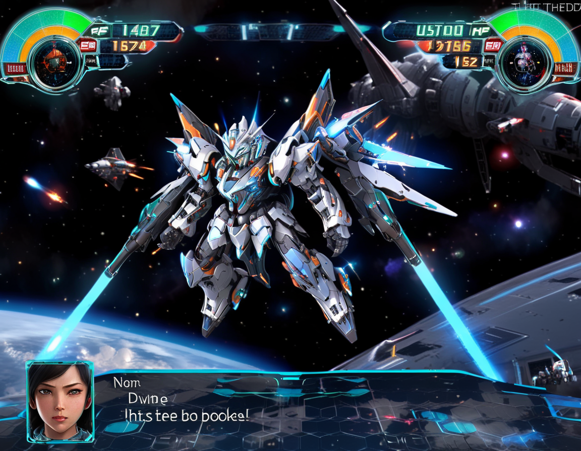 solo,"0599", high quality, A strategic space combat scene within a mecha game interface, now featuring the whimsical Robot Girl in place of the traditional mecha. The playful yet determined expression of Robot Girl's animated avatar replaces the pilot's portrait. Her character, rendered with vivid detail and glowing accents on the game's HUD, stands ready for action, with high HP and energy levels underscoring her resilience. The backdrop of the serene expanse of space sets the stage for the impending futuristic battle, highlighting the contrast between whimsy and the serious nature of high-tech combat, <lora:rw4:0.7>  ,<lora:Arcana_XL:0.65>, arcana