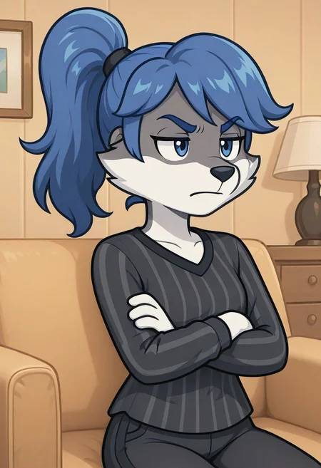 solo, cabulosa, ponytail, anthro, vertical stripes, striped shirt, (black white shirt), annoyed, arms crossed, sitting, indoors, bar