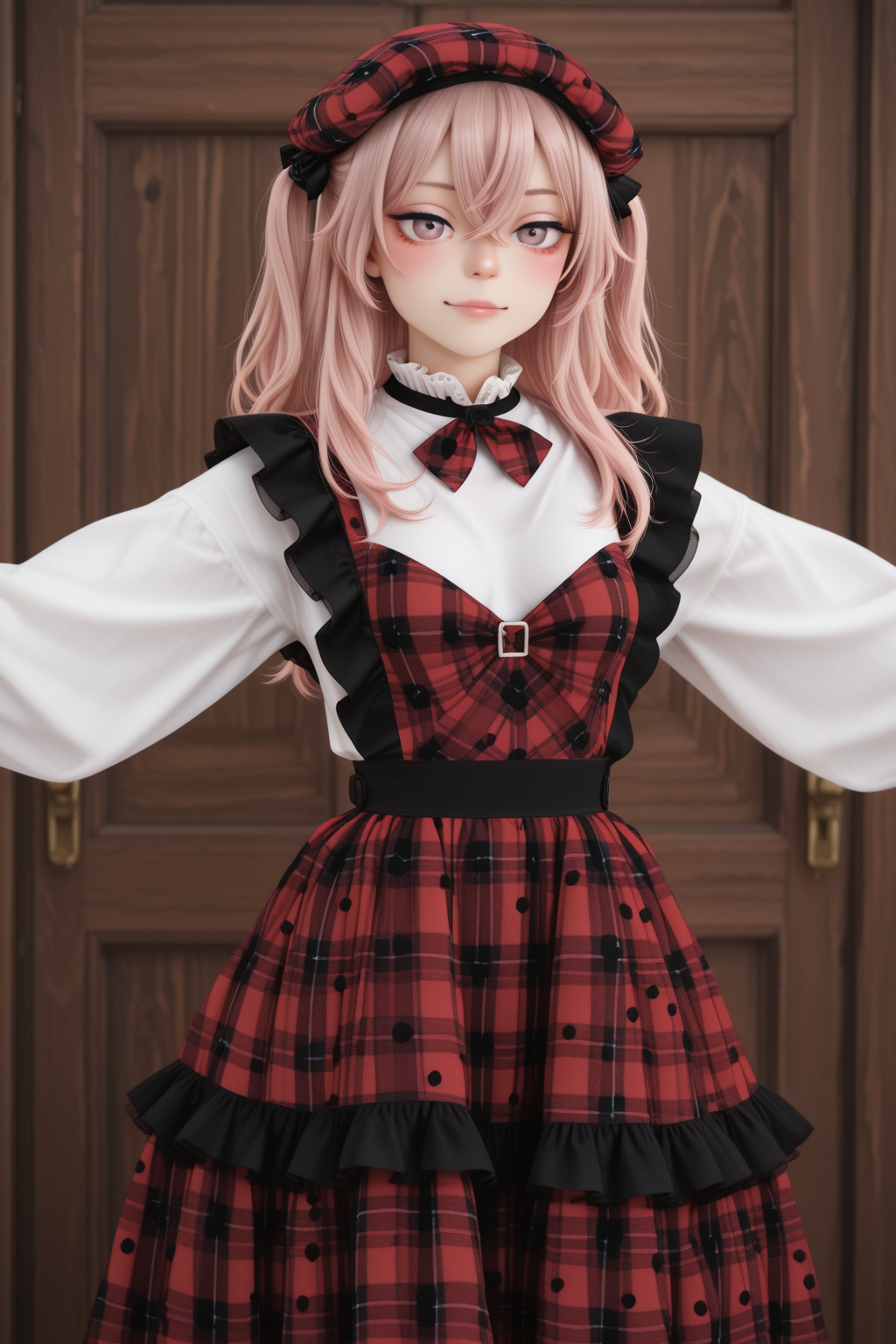 masterpiece, best quality, amazing quality, 1girl, solo, makeup, general, looking at viewer, blush, cowboy shot, smile, boutique, indoors, fancy, blush, lovely, spread arms, looking at viewer, <lora:sajuna-inui-s1-illustriousxl-lora-nochekaiser:1>, sajuna inui, inui sajuna, long hair, bangs, hair ornament, hair between eyes, pink hair, pink eyes, two side up, crossed bangs, black flower, black rose, mature female, small breasts, <lora:RetroPlaidCakeSkirtdress_new1_1fix:1>, RetroPlaidCakeSkirtdressnewfix, red dress, plaid dress, frilled dress, ((layered skirt:1.2)), white shirt, long sleeves, plaid long skirt, long skirt, red plaid headwear, red plaid bow, bowtie, black footwear, boots, frills, plaid, polka dot, pantyhose, <lora:wai-2Rectified-V140:1>, <lora:Illustrious_-_Refiner:1>