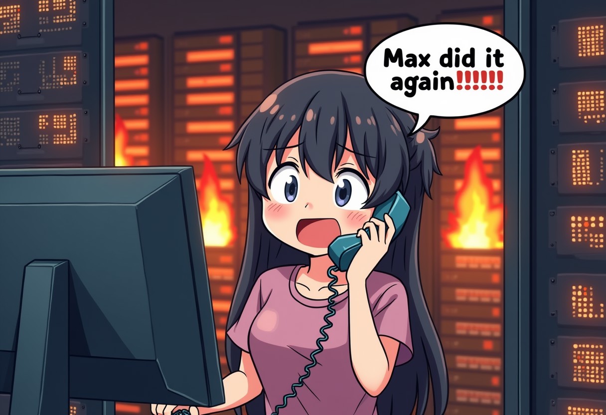 a cute anime illustration with a panicking woman inside a server room, she is answering the phone, a monologue bubble with the text "Max did it again!!!". Behind her, the server room is filled with burning computers and flames