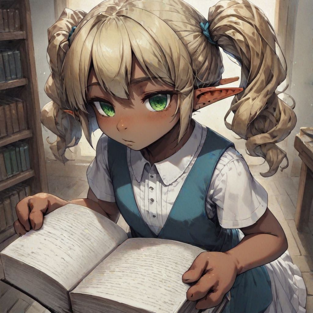 ASCIILapanya, 1 person, 3/4 angle, solo, pointy ears, ((snout nose)), flat chest, stocky stature, bangs, ((dark tan skin)):1.2, blonde hair, twintail hair, wavy hair, interested expression, green irises, white tunic, blue vest, white skirt, knee-length spats, standing, ((holding tall stack of books)), small nostrils, ((3 fingers 1 thumb)), fully clothed, clean lines, highly detailed face, high quality, best quality, masterpiece quality, snapshot, rating: safe