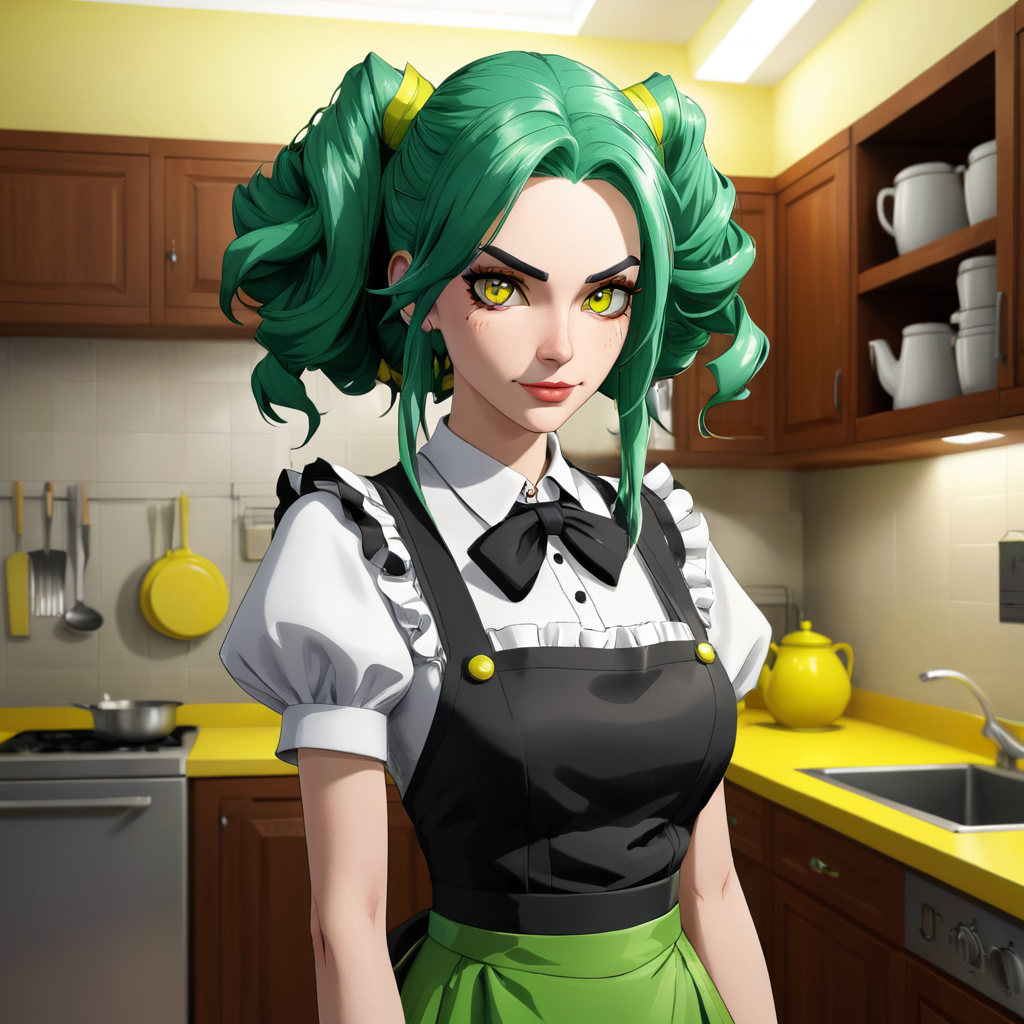 (ncrender) of a maid with green hair and yellow eyes standing in a kitchen,upper body,portrait,<lora:NewCenturyRenderXL:1>