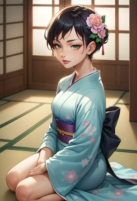 score_9, score_8_up, score_7_up, source_anime, 1girl, solo, yurikosmtiv, black hair, short hair, lipstick, mole under eye, makeup, green eyes, indoors, kimono, hair flower, floral print, wariza, kneeling, <lora:zs_YurikoIVXL:1>