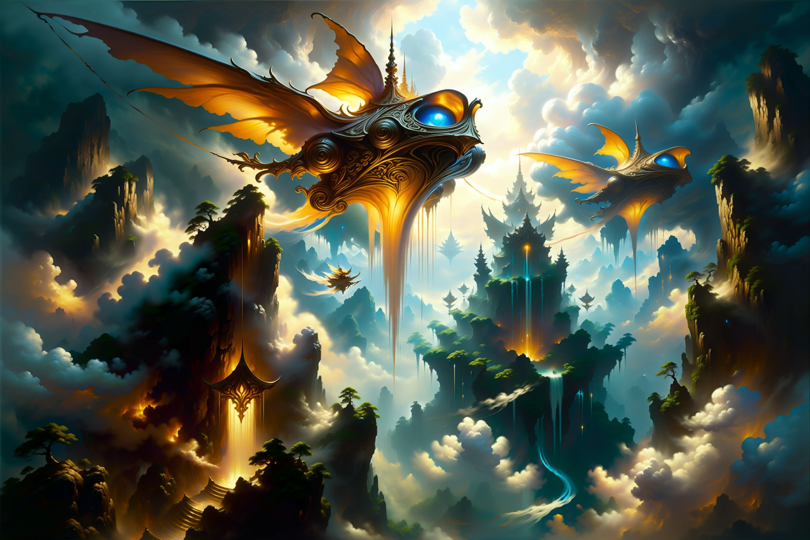 famous artwork inspired by (ori and the blind forest:1.3) and (jae cheol park:1.1) and (antonio j. manzanedo:1.1) and (glen cook:1.3), oil on canvas, a fleet of ornate curious skyships sailing through the atmosphere of a hypnotic distant planet, navigating between (towering cloud formations:1.1) and (floating islands:1.2), there are airships of ancient design with billowing sails as well as futuristic skyships with advanced propulsion systems, some airships are flying in formation, some airships' engines are leaving (trails of light:1.2), the floating islands are covered in lush mesmerizing vegetation, dramatic scene, (dappled lighting:1.1), crepuscular rays, volumetric lighting, volumetric fog, scenic, ovg, overall_detail-xl-by_kaleidia <lora:add-detail-xl:2.0> <lora:midjourney_mimic-xl-by_andrexsel:0.5> <lora:more_artful-xl:0.5> <lora:lyco-style-envydramaticlightingxl01_digital_art-xl:0.52> <lora:envybetterhiresfixxl01-xl:1.0>
