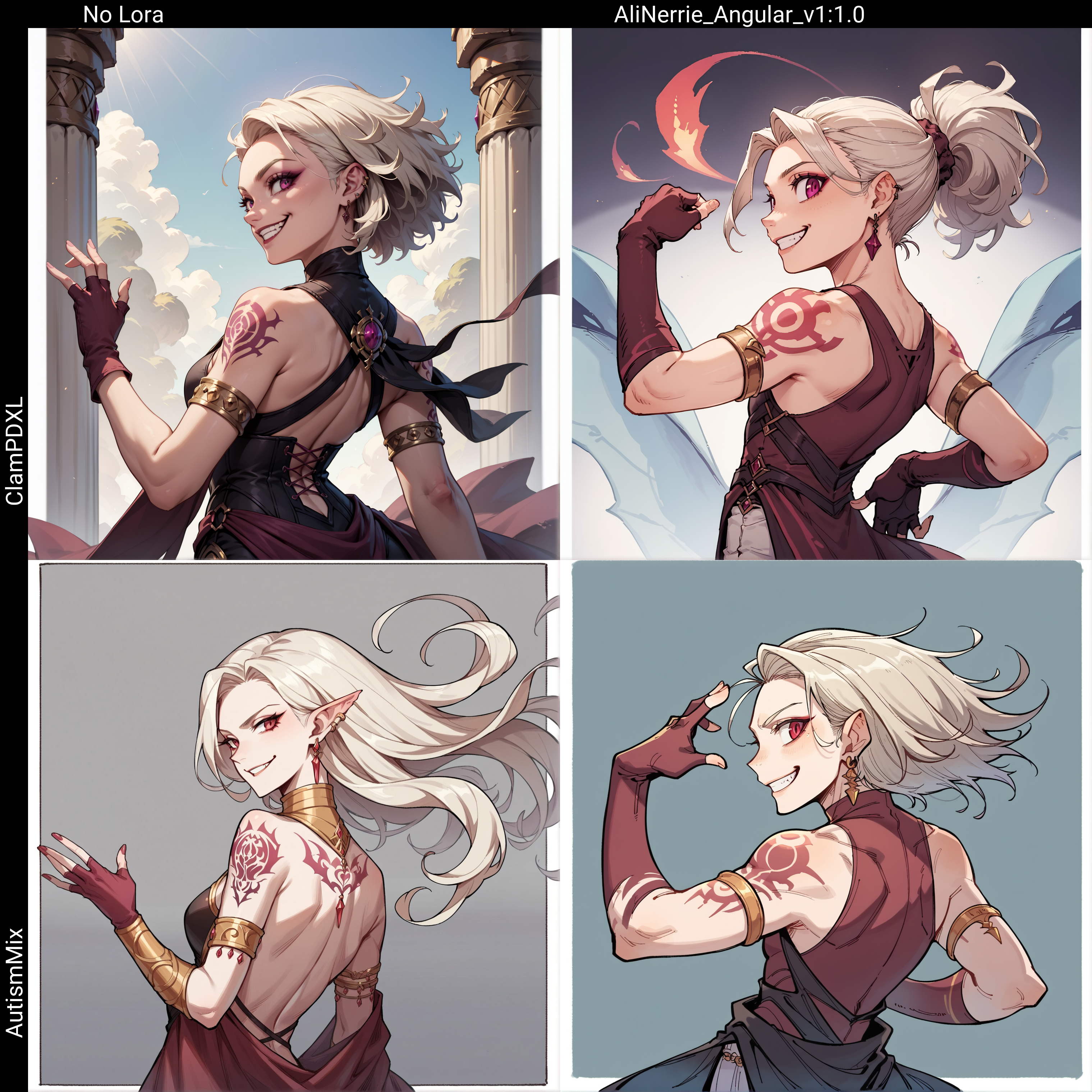 1girl, platinum blonde hair behind ear, tattoo, evil, wide smile, dark golden armlet, magenta fingerless gloves, looking back, rating_safe