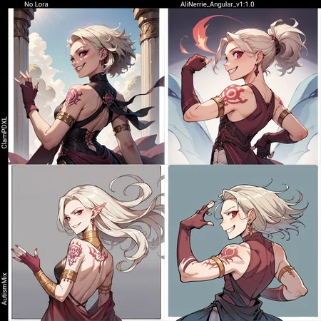 1girl, platinum blonde hair behind ear, tattoo, evil, wide smile, dark golden armlet, magenta fingerless gloves, looking back, rating_safe