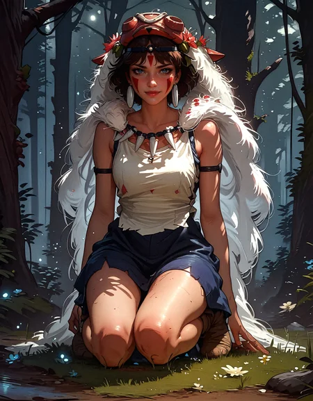 score_9, score_8_up, score_7_up, san, 1girl, (full body:1.2), solo, short hair, brown hair, gray eyes, headband, face paint, earrings, white sleeveless top, navy under dress, arm cuffs, fur headdress, fur cape, light-skinned female, female focus, looking at viewer, smiling, forest, (blush:1.1) <lora:pony/twilight_style:0.8> concept art, realistic, <lora:pony/expressiveh:0.8> expressiveh, <lora:pony/kenva:0.8> knva, <lora:pony/san_pony_v4> <lora:sdxl/sinfully_stylish_sdxl>