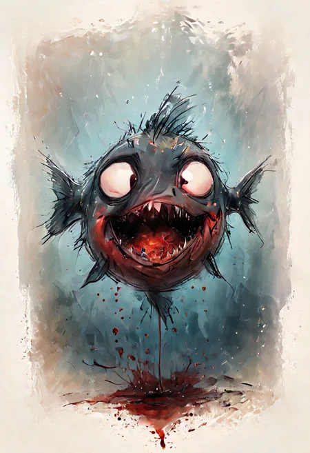 cute drawing of a Piranha fish under water surrounded by blood, slender body, thin body, <lora:Cute_Drawing:0.8>