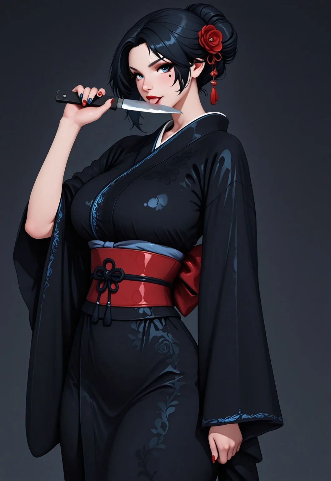 solo, Rea_prime,
BREAK 1girl(femdom, black hair in stylish updo, blue eyes, full red lips, large breasts, long painted nails, dark eye makeup, goth makup),
BREAK licking tanto knife,
BREAK wearing(black silk kimono with embroidery, wide sleeves, obi, japanese clothes, hair decoration),
BREAK perfect body, detailed, perfect, high contrast, high res, masterpiece, high score, great score, absurdres