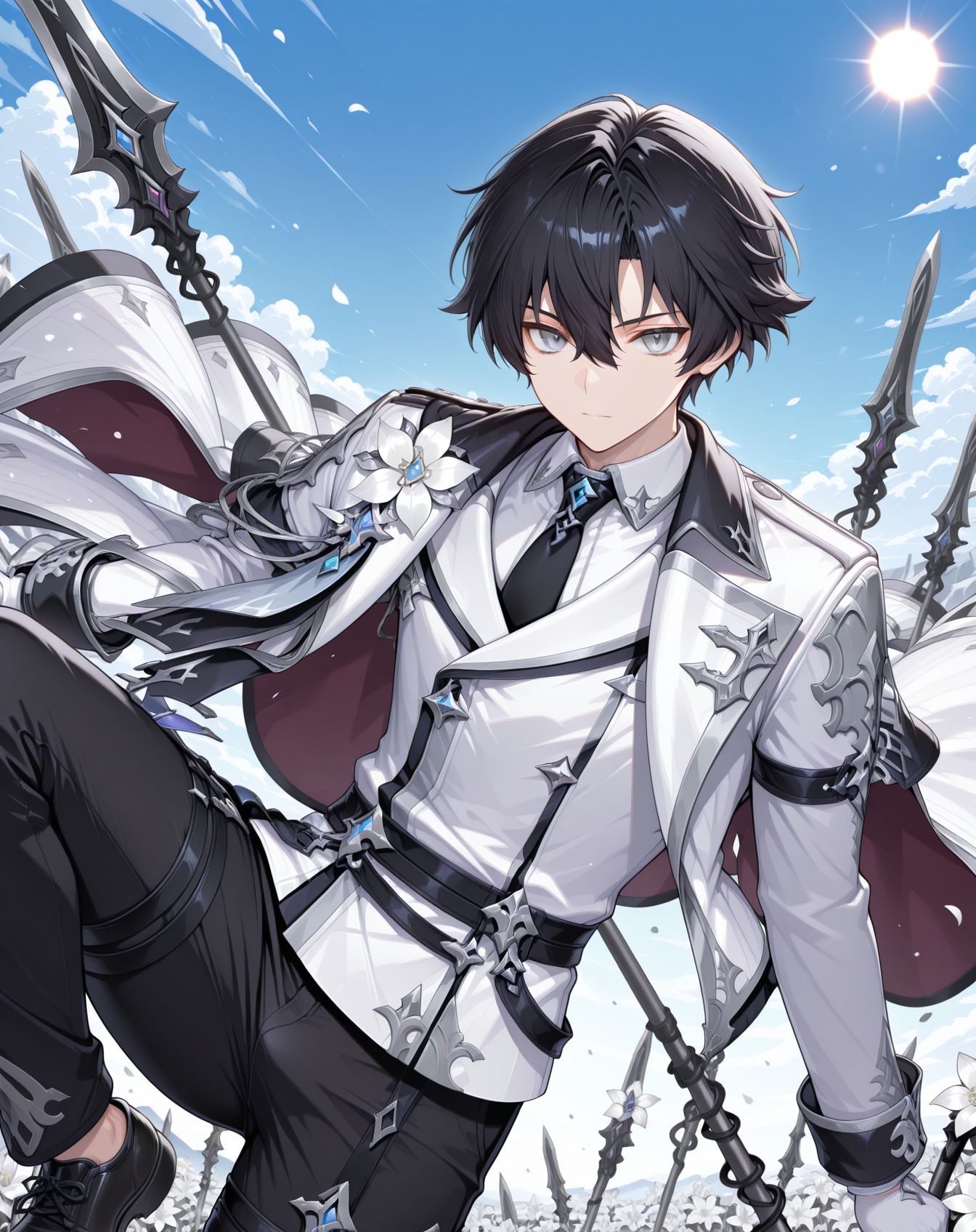 masterpiece,best quality,amazing quality, newest, very aesthetic, absurdres,
1boy, solo, yaoi, male focus, cowboy shot, upper body, looking at viewer, face focus,
 <lora:Sieghart_T_Groom:1> siegtgroom, hair between eyes, grey eyes, short hair, black hair,
white gloves, black pants, black footwear, black necktie, shoes, white jacket, long sleeves, collared shirt, white flower, cape, thigh strap, white coat, tachi-e, jewelry,
holding polearm, holding weapon, spear,
outdoors, day, blue sky, sun,