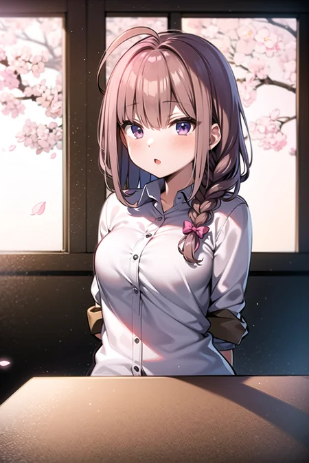 Tsube Hana,1girl, side braid, ahoge, light brown ,hair pink hair, purple eyes, hair tie,arms behind back,, classroom, open window, cherry blossoms, river