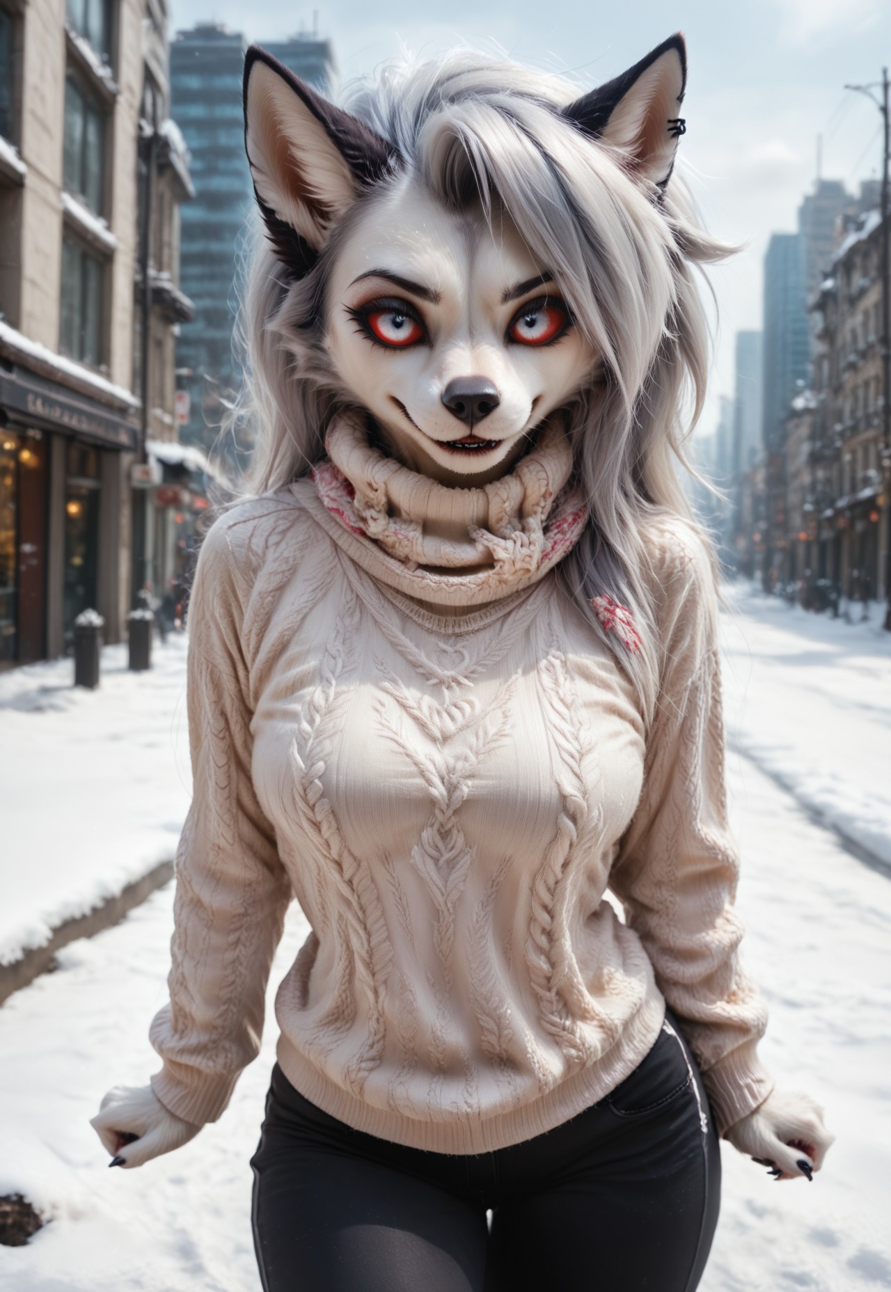 Masterpiece, best quality, amazing quality, female,   lidded eyes, photorealistic, realistic proportions,  beautiful photo, realistic lighting, masterpiece, high quality, score_9, score_8_up, score_7_up, score_6_up, score_5_up, 
loona_helluva_boss, furry, furry female, anthro, red sclera, white eyes, detailed eyes, fur, furry, covered in fur, no outline, medium breasts, 

smile, sweet

sweater, scarf, warm clothing, sweat pants, winter, city, 