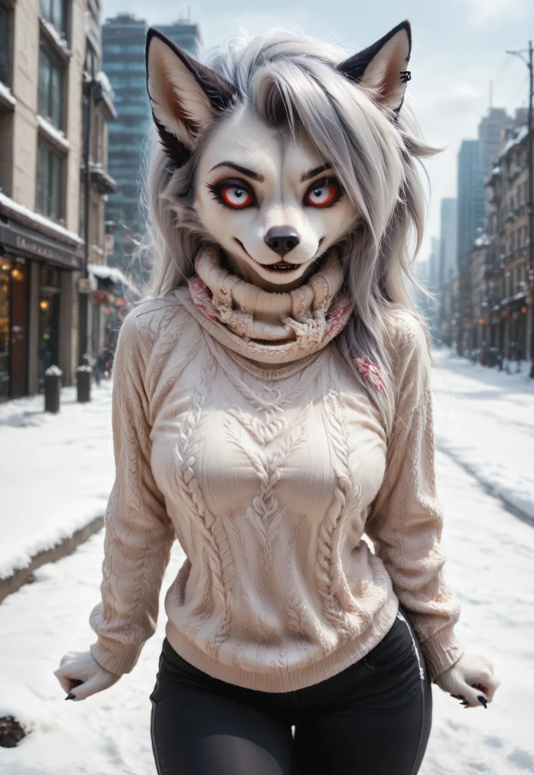 Masterpiece, best quality, amazing quality, female, lidded eyes, photorealistic, realistic proportions, beautiful photo, realistic lighting, masterpiece, high quality, score_9, score_8_up, score_7_up, score_6_up, score_5_up,
loona_helluva_boss, furry, furry female, anthro, red sclera, white eyes, detailed eyes, fur, furry, covered in fur, no outline, medium breasts,
smile, sweet
sweater, scarf, warm clothing, sweat pants, winter, city,