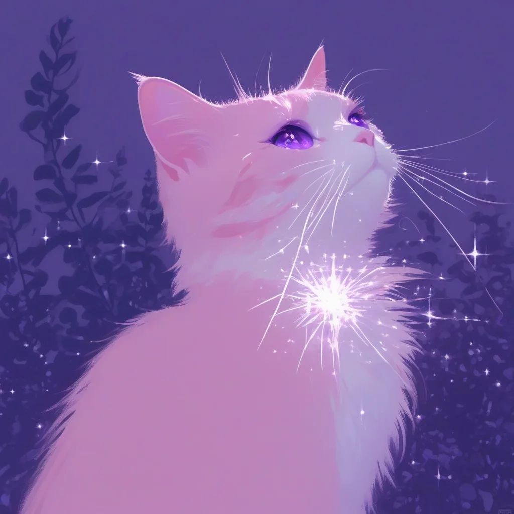 aaAR7gl,no humans,animal focus, sparkle,two pink cat,play,garden,animal whisker, purple background, simple background.
