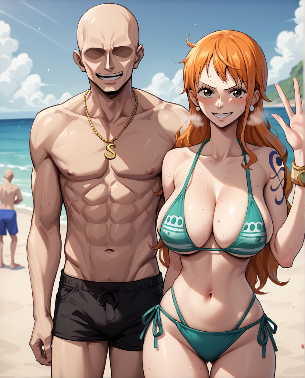 score_9, score_8_up, score_7_up, source_cartoon BREAK 1girl, nami (one piece), looking at viewer, orange hair, hetero, standing, blue eyes, breasts, cleavage, bikini, long hair, 1boy, ((faceless male)), netorare, cheating (relationship), outdoors, beach, sea, sky, <lora:Implied_ass_grabfingering:1>, bald male, heavy breathing, stealth fingering, rating_questionable