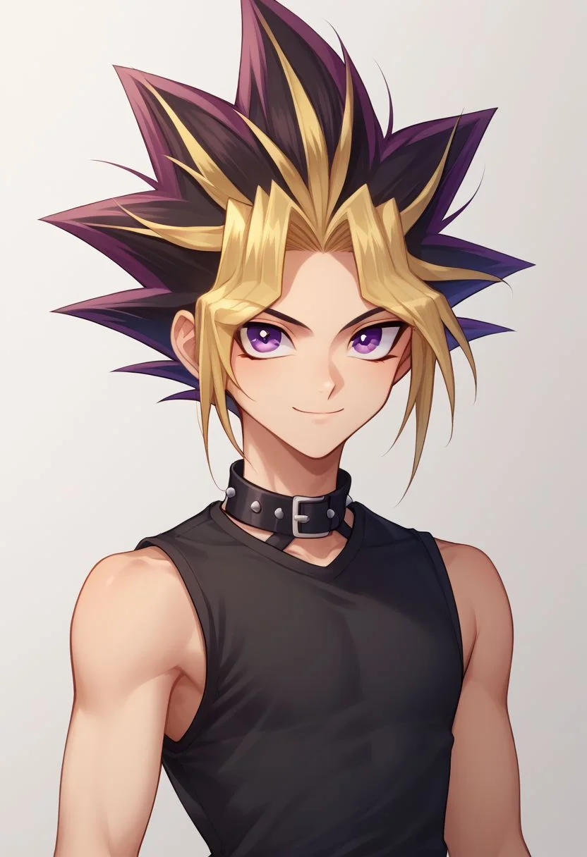 score_9, score_8_up, source_anime, highly detailed, 
yami, 1boy, male focus, blonde hair, solo, purple eyes, multicolored hair, shirt, black shirt, sleeveless, spiked hair, smile
outdoor,  upper body,