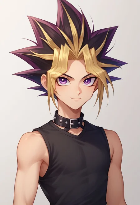 score_9, score_8_up, source_anime, highly detailed,
yami, 1boy, male focus, blonde hair, solo, purple eyes, multicolored hair, shirt, black shirt, sleeveless, spiked hair, smile
outdoor, upper body,