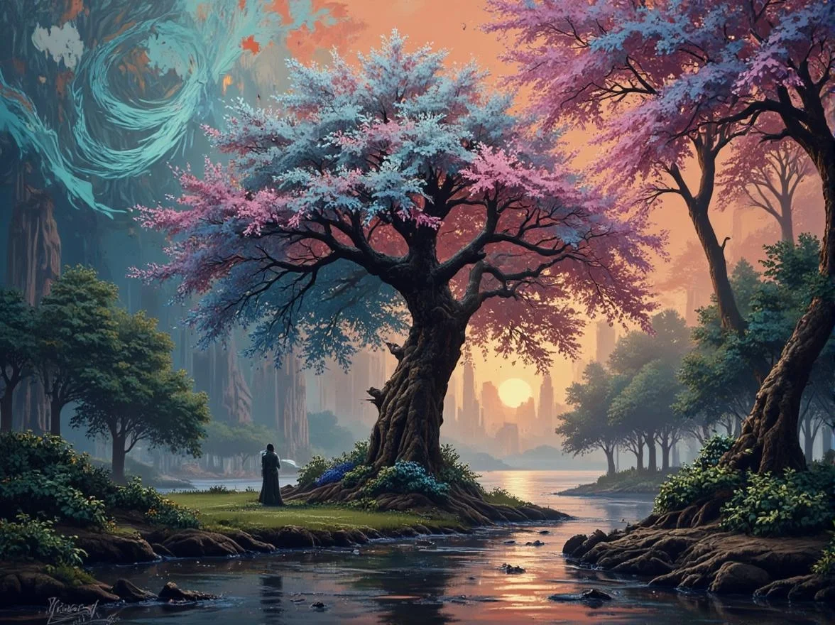 <lora:DD2EB639DDA9100A0A1C74AEC4F9F39DE42BE1D407DD3384A4ECB82EB81B3934.safetensors:1>
In the heart of a realm where ethereal dreams and vivid reality merge, a majestic tree stands as a testament to the infinite beauty of the natural world. Its leaves, a kaleidoscope of pastel hues, dance with the light, transitioning from electric blues to radiant pinks, glowing peaches, and deep purples. The trunk and branches, thick and gnarled, are painted with bold, textured brushstrokes, their forms blending into abstract swirls and smears of color, as if the very essence of the tree is dissolving into the surrounding air.
The background is a canvas of swirling, dreamlike mist, with smears of glowing yellow and lush green weaving through the composition. The edges of the leaves and branches are softened, their forms merging into each other, creating a sense of fluidity and movement. The light, cast from an unseen source, bathes the scene in a radiant glow, casting mysterious shadows that add depth and a touch of enigma to the tranquil setting.
At the bottom right, a subtle signature, a testament to the artist's hand, blends seamlessly into the texture, as if it too is a part of the living, breathing canvas. The overall mood is one of vibrant, dynamic tranquility, a place where the lines between reality and fantasy blur, and every element tells a story of its own.