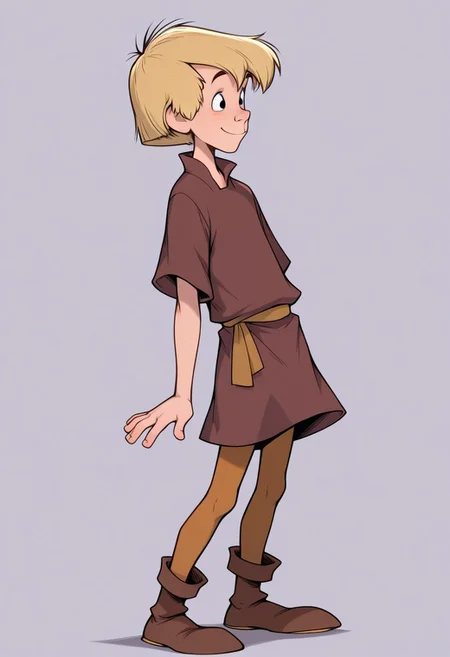 masterpiece, absurdres, high quality, perfect anatomy, 1boy, solo, cute boy, male focus, Arthur, Blonde Hair, Black Eyes, Brown Tunic, Tan Leggings, Brown Footwear, simple background, smile,