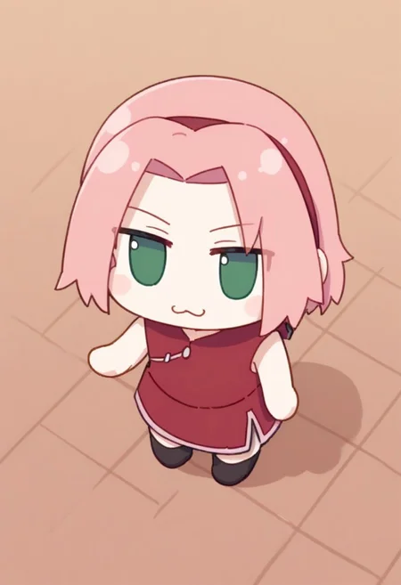 masterpiece,(best quality),highly detailed,ultra-detailed,
chibi, fumo, :3, full body, close up, haruno sakura, pink hair, short hair, green eyes