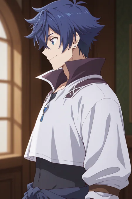 masterpiece, best quality, amazing quality,high resolution, intricate details,official style,depth of field,anime screencap, , , 1boy, solo, male focus, <lora:Allen_Westfelt:0.76>,allen westfelt,blue hair,blue eyes,spiky hair,short hair,mole,upper body,white shirt,jewelry,cropped shirt,closed mouth,smile,profile,jump suit,from side