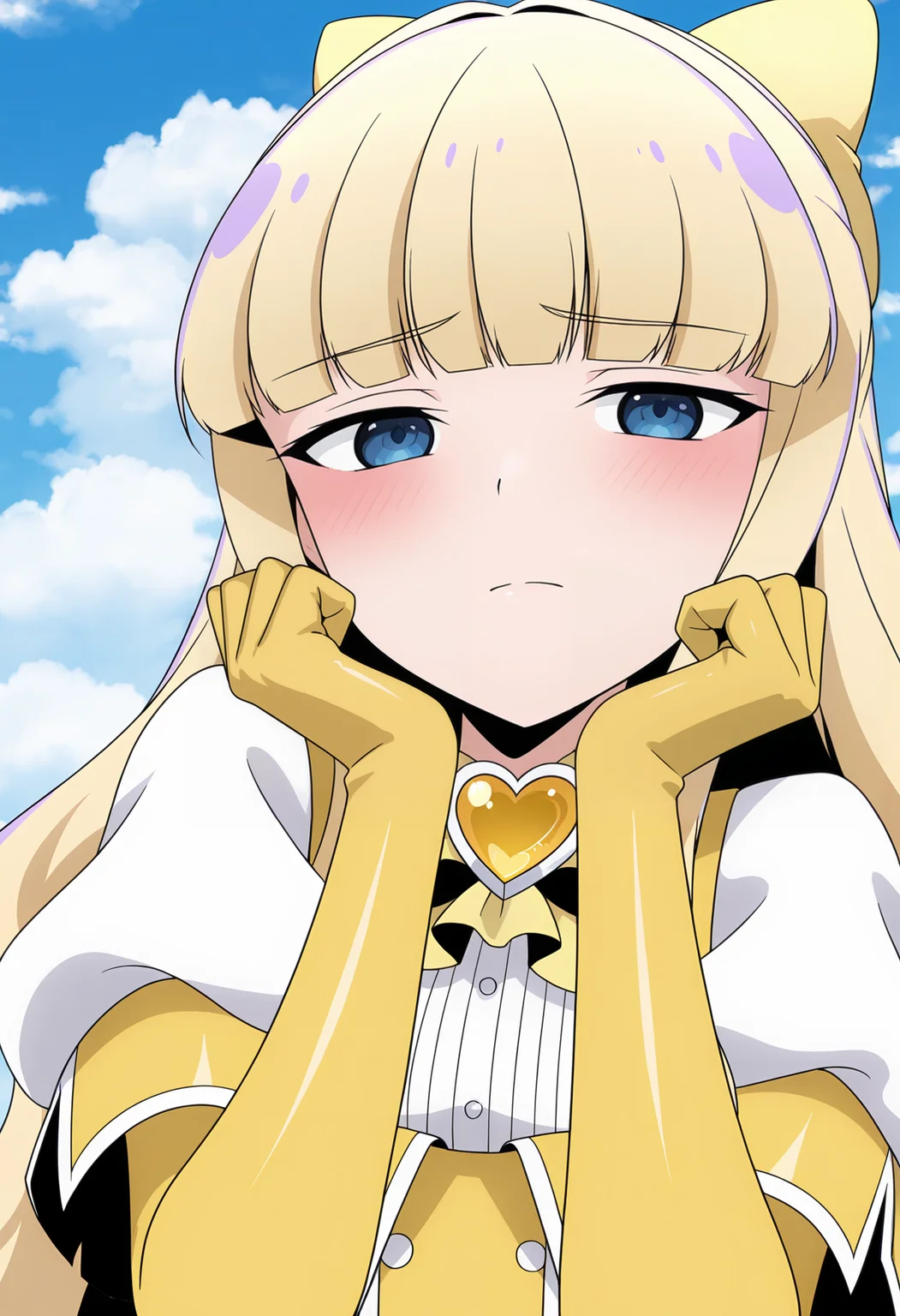 <lora:Tenkawa Kaoruko_illustrious-000036:1>,
Tenkawa Kaoruko,solo,sky,cloud,looking at viewer,bow,blunt bangs,outdoors,hair bow,heart,puffy sleeves,closed mouth,upper body,blush,brooch,yellow bow,blue sky,day,dress,cloudy sky,elbow gloves,yellow gloves