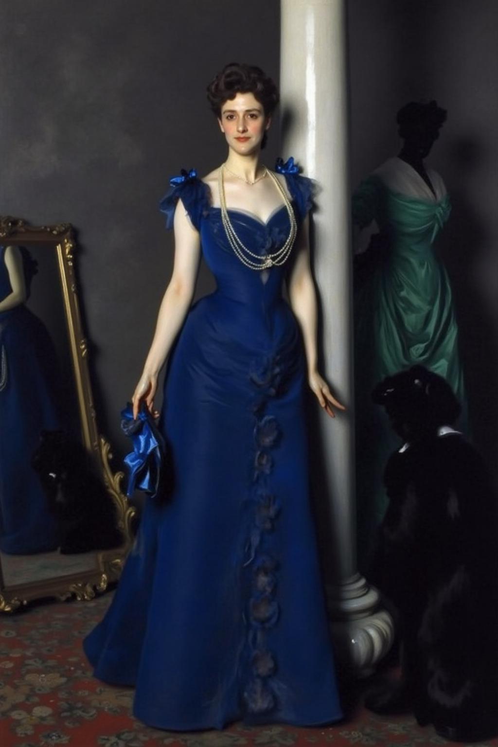 johnss1 painting.
A woman in a blue dress, adorned with pearls, stands in front of a white column. The woman's dress is adorned with a blue ribbon, adding a pop of color to the scene. The backdrop is a dark gray, with a mirror on the left side of the frame, reflecting the woman in the mirror. To the right of the woman, there is a black statue of a man in a green dress.
 <lora:johnss2_cap_d6a3:1.0><lora:829185377131712519:0>