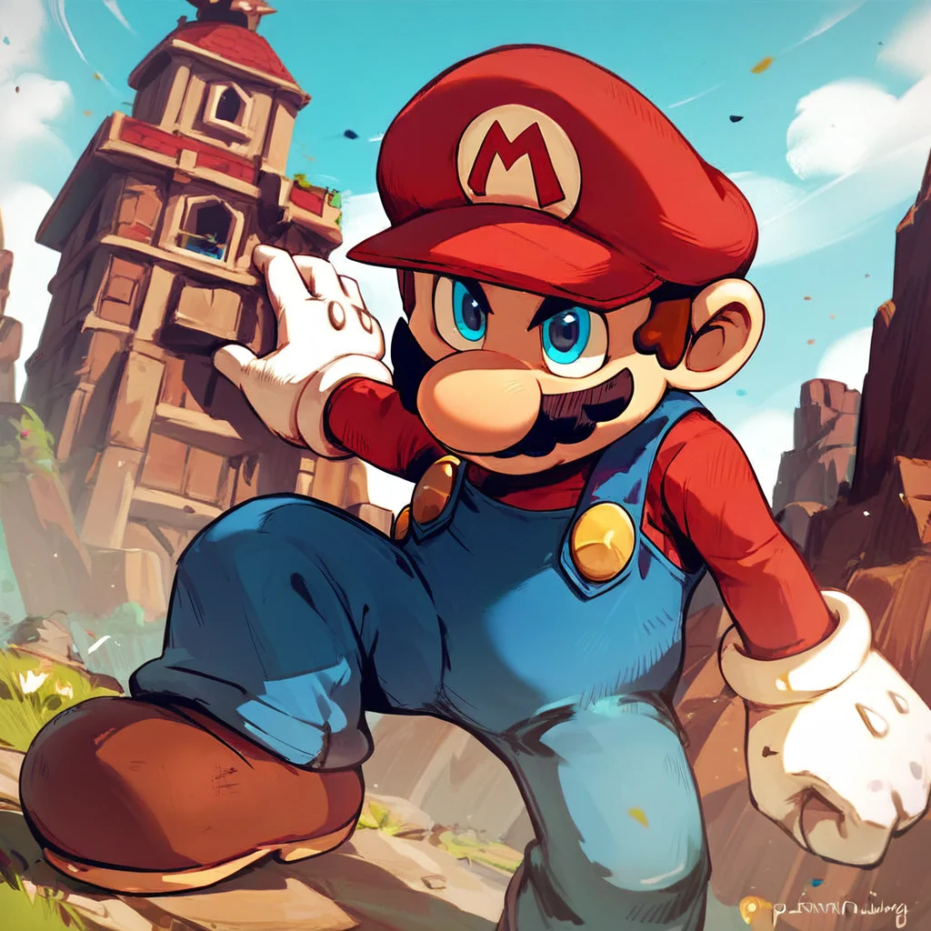 score_9, score_8_up, score_7_up , masterpiece, beautiful,,ITMario,cartoon-style,red hat,red long-sleeved shirt, blue overalls, moustache, round nose, brown shoes, white gloves, yellow buttons, brown hair, blue eyes, short hair,