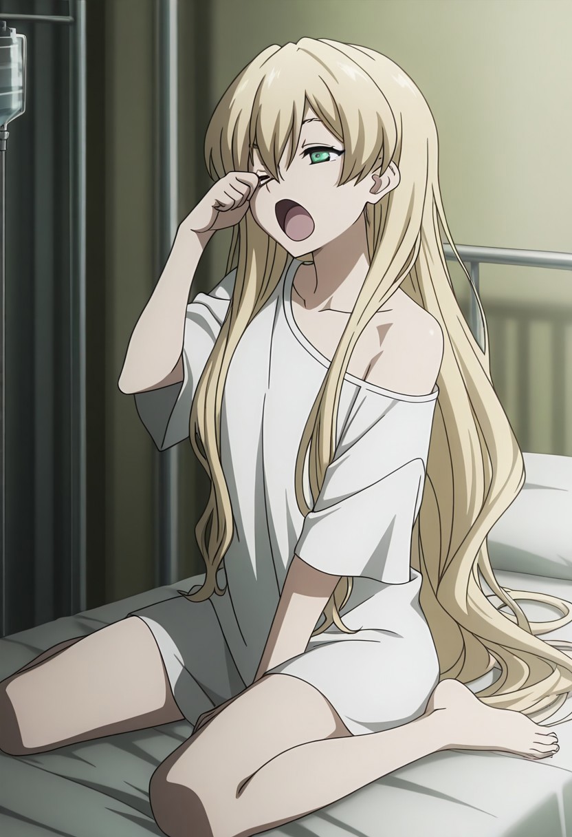 masterpiece,perfect quality,best quality,absolutely eye-catching,absurdres,highres,newest,anime coloring, anime screencap,(1girl,solo),White_KKS, very long hair, blonde hair, green eyes, loose hair, oversized t-shirt, short sleeves, bare shoulder, off the shoulder, wariza, hand to eye, one eye closed, rubbing eye, open mouth, yawn, yawning, on hospital bed, indoors, hospital room,
