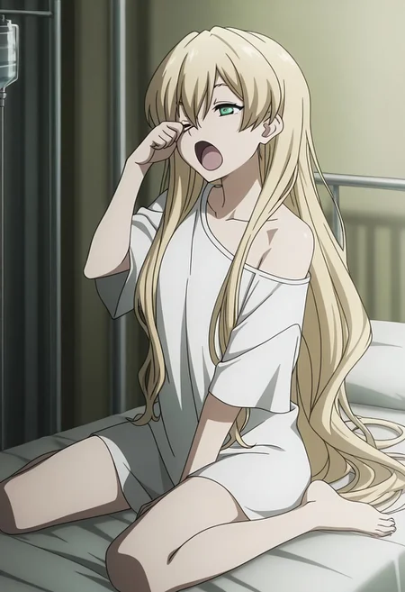 masterpiece,perfect quality,best quality,absolutely eye-catching,absurdres,highres,newest,anime coloring, anime screencap,(1girl,solo),White_KKS, very long hair, blonde hair, green eyes, loose hair, oversized t-shirt, short sleeves, bare shoulder, off the shoulder, wariza, hand to eye, one eye closed, rubbing eye, open mouth, yawn, yawning, on hospital bed, indoors, hospital room,