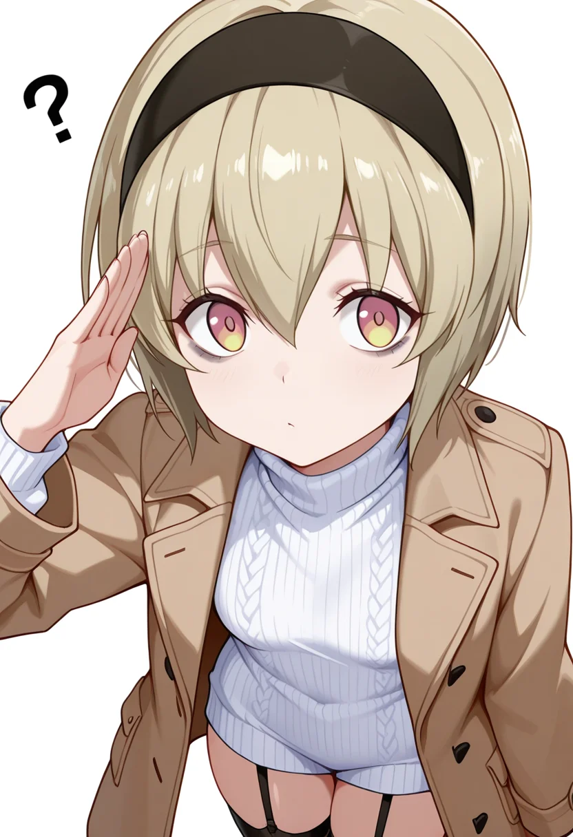 Smooth Quality,masterpiece,very intricate, high quality details, ultra realistic, high detailed skin,detailed enviorement,absurdres,
salute,
<lora:Pekora_CNR:0.8> pekora_cnr, 1girl, blonde hair, short hair, bangs, yellow eyes, multicolored eyes, shiny hair black hairband,bags under eyes,, confused,, simple background, white background, sideways,solo,, turtleneck sweater, ,coat, ,garter straps, ,