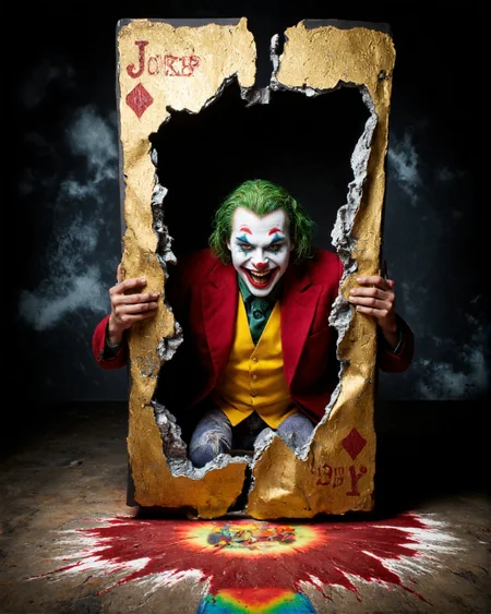 high-resolution photograph featuring a dramatic, colorful scene from the movie "Joker." The central figure is a man with a vividly painted face, sporting a green and white clown makeup with red lips and a wide, maniacal grin. He is dressed in a striking, red suit with a yellow vest and matching tie, and a green shirt peeks out from underneath. His hair is styled in a green, curly wig.
The man is emerging from a playing card, specifically the Joker card, which is depicted as a large, golden playing card with the word "Joker" prominently displayed in red letters. The card is torn apart, with the man's hands gripping the edges as he emerges. The background is dark and shadowy, adding to the dramatic and intense atmosphere. The floor beneath the man is covered in a red substance, possibly blood, with a large, colorful, abstract design at the bottom center.
The lighting is intense, creating strong contrasts and shadows, emphasizing the man's expression and the texture of his clothing. The overall style of the photograph is highly stylized and cinematic, capturing the essence of the character's iconic and twisted persona. , aidmaimageupgrader, aidmaMJ6.1