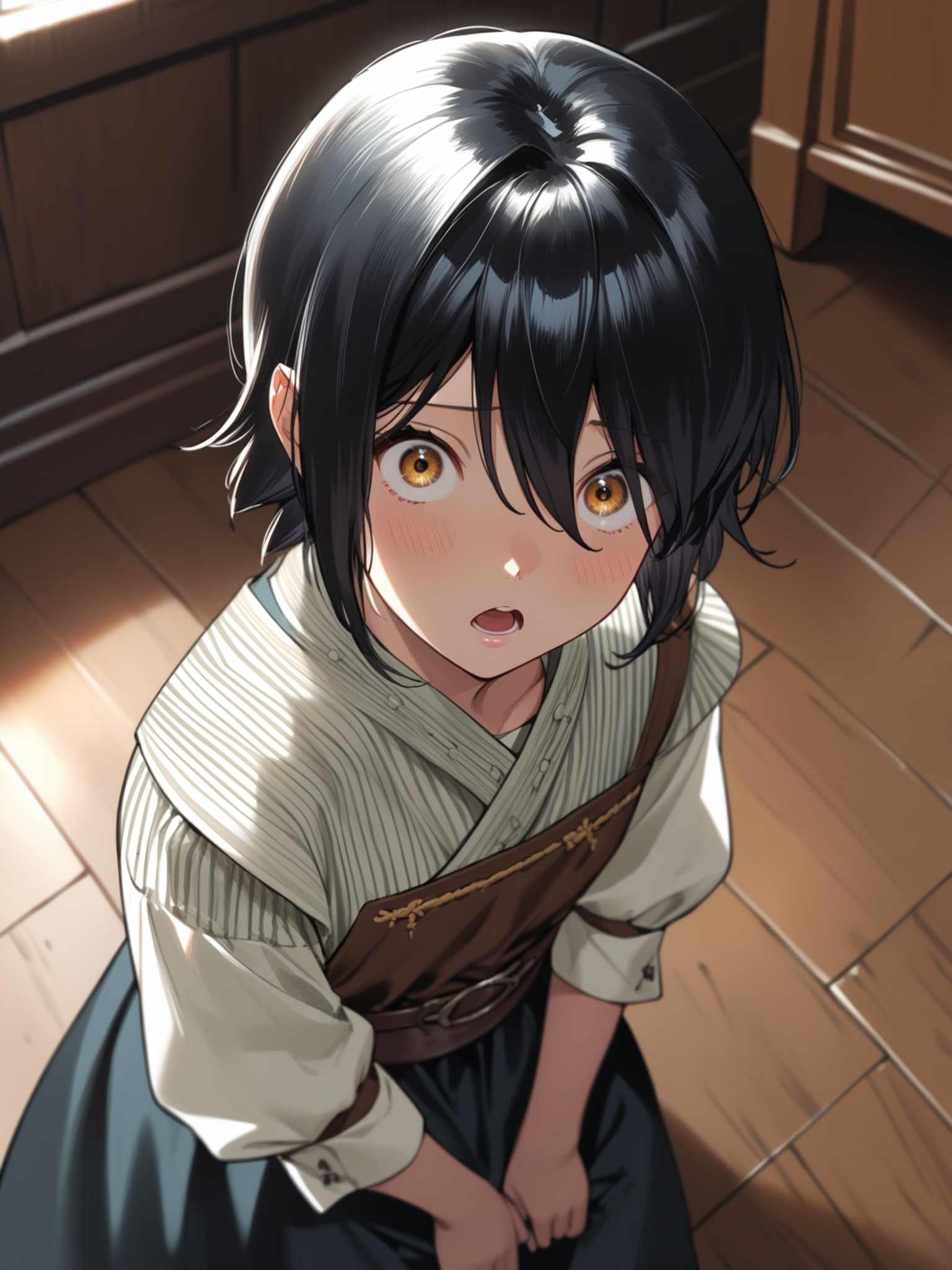 <lora:happy_tentacle-konusuzu-v0.1-000010:1>, (ht_konusuzu:1.2), black hair , surprised, wide-eyed, indoors, medieval upper body, 1girl, (petite:1.2), solo focus, (looking at viewer:1.1), , (depth of field:0.8), from above, [(realistic, photorealistic:1.2):(realistic:1.3):22], [(3d:1.2)::10], <lora:LUUNA's Lunas-NijiJourney-SDXL-B2:0.6>, nijijourney, <lora:prgfrg23's Counterfeit-V3.0 Style SDXL_LoRA_Pony Diffusion V6 XL:0.3> <lora:Shed_The_Skin's StS_age_slider_v1_initial_release:-1>, score_9, score_8_up, score_7_up, score_6_up, score_5_up, score_4_up