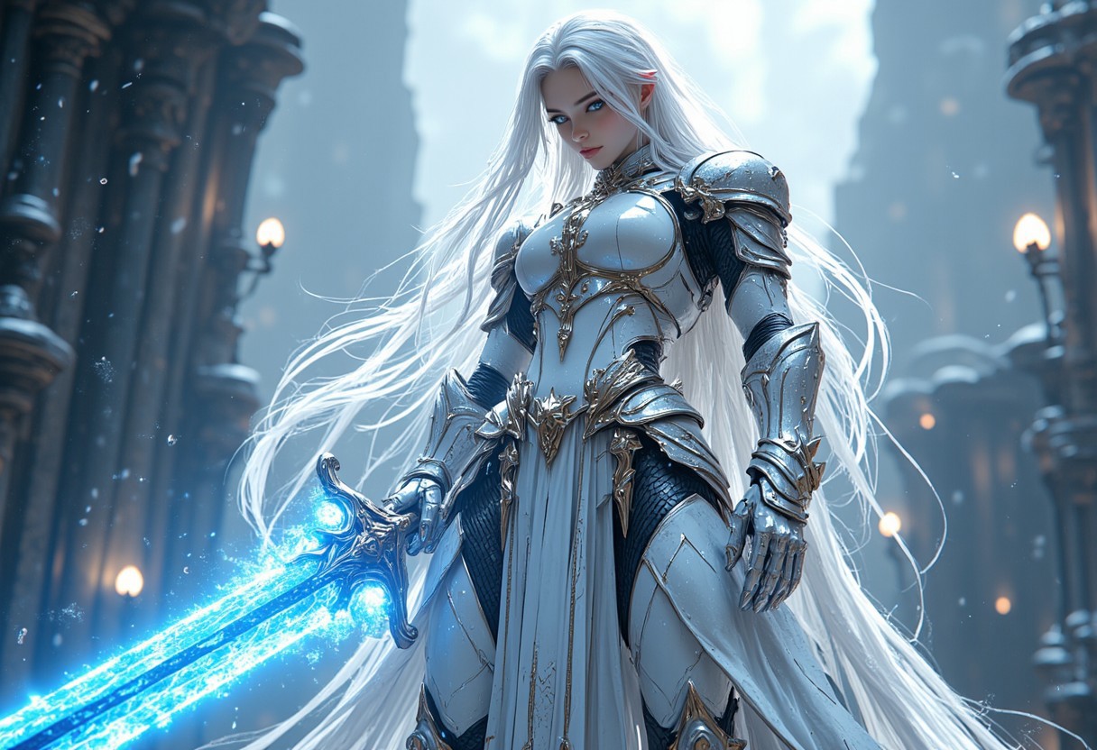divine korean girl, very long white hair, looking down from a rooftop, futuristic, scifi bodysuit, glossy, delicate frame, angelic appearance, legs, armor, cyborg, deus ex human revolution, perfect body, silver and blue glow, low angle, holding a blue glowing sword in an attacking pose, hkwarrior, mythp0rt, super realistic and detaild