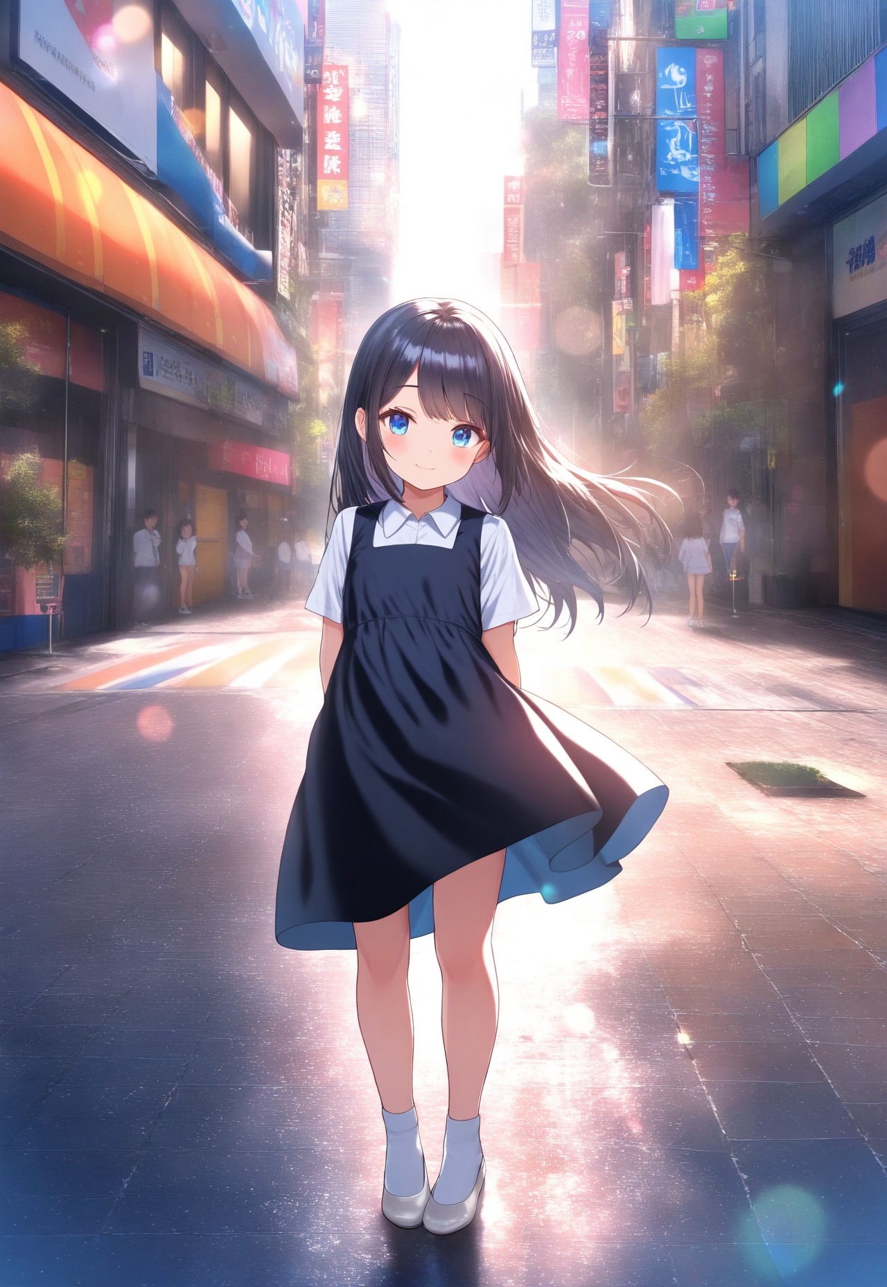 masterpiece, best quality,amazing quality,(1girl), solo,(depth of field),(solo focus),8K,HDR,(ultra high res),(highres),(full body),(lens flare),smile,blush,(black hair),(long hair),(blue eyes),(floating hair), sidelocks,(malaysian secondary school uniform),(pinafore dress),(black skirt),(black pinafore),(collared shirt),(white shirt),(short sleeves),(white socks),(short socks),(white footwear),(ballet flat),(outdoor),(cityspace),(city),(street),(lampost),(standing),(looking at viewer),child