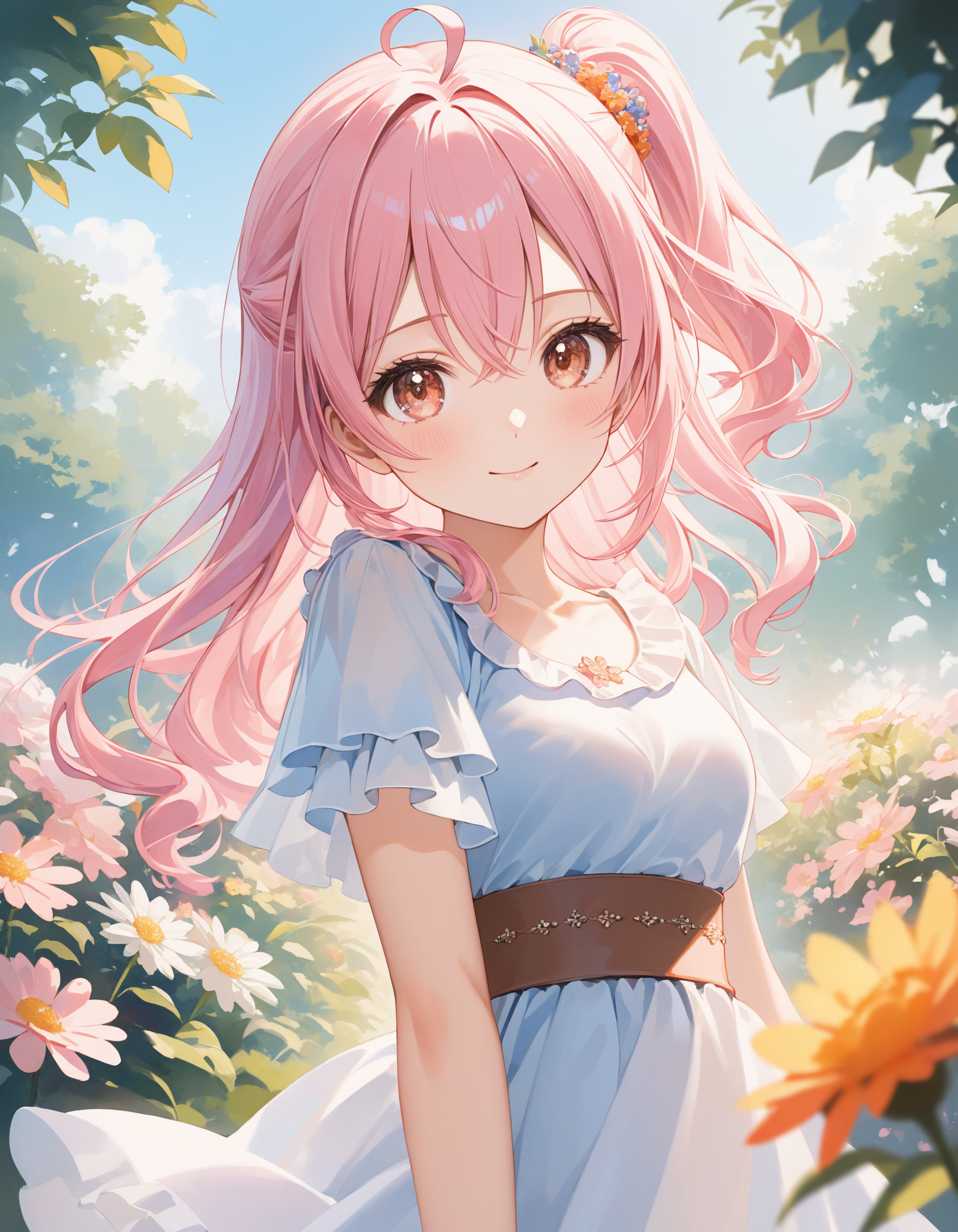 SceneDescription:
  - Composition: Portrait. Face focus. Shooting from front.
  - Subject: A cute girl.
    - Characteristics:
      - Face: (Cute round face:1.2).
      - Eyes: Detailed brown eyes.
      - Hair: Wavy hair, (side ponytail:1.05), pale pink hair, ahoge and hair between eyes.
      - Body: Detailed slender body. Medium breasts.
      - Clothing: White chiffon a-line dress, flutter short sleeves, layered ruffled skirt and ribbon waist.
      - Expression: Happy expression. Close mouth.
      - Posing: Contrapposto. Head tilt. Looking at viewer.
  - Background: Fashionable flower garden.
    - Elements: Blue sky.
Time: Daytime.
Lighting: (Natural lighting:1.4).
ArtStyle: Watercolor. Traditional media. Blurry. Pale pastel colors.
Quality: Intricate details. Extremely detailed. Outstanding intricacies. (Masterpiece:1.2). (Best quality:1.2). (Absurdres absolutely resolution:1.4).
Mood: Pastel atmosphere.