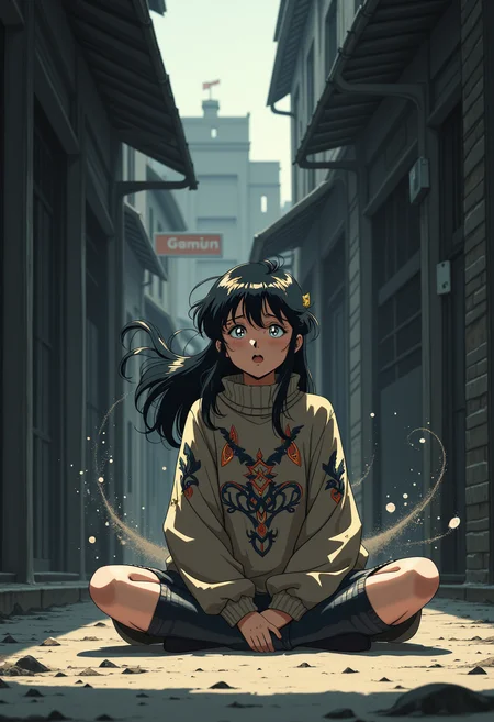 1girl, A mystical warrior sits cross-legged on the dusty ground, surrounded by the shadows of a dimly lit alleyway. Her turtleneck sweater is adorned with intricate, asymmetrical designs that seem to glow with a soft, ethereal light. A pair of large hair clips hold her wild locks in place, and her eyes burn with a fierce determination as she prepares to unleash a mighty battle cry. The air is thick with dust, swirling around her like a vortex, as if the very atmosphere itself is charged with her magical energy., modernretroanime.