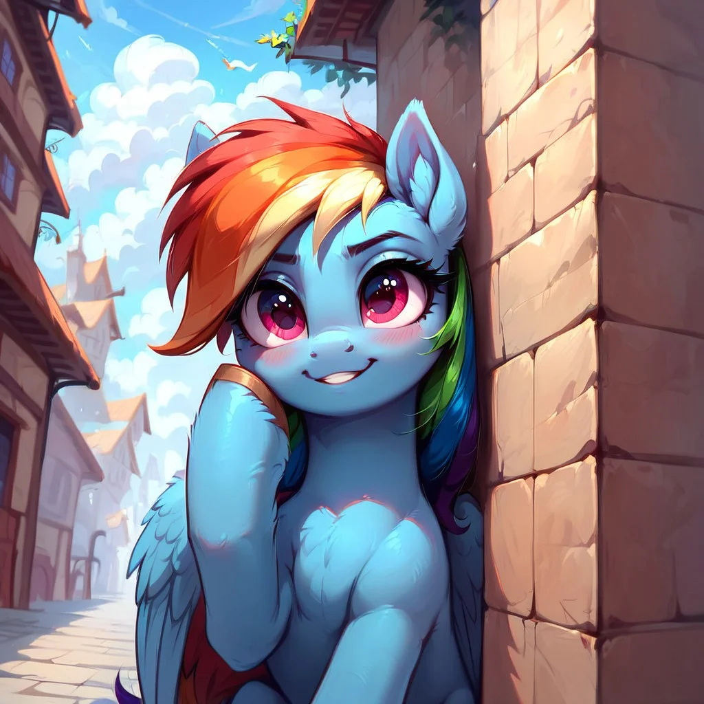 masterpiece, score_9, score_8_up, score_7_up, (best quality:1.1), ultra-detailed, high resolution, 1 girl, pony, highly detailed macro illustration, Rainbow Dash smiling, blushing, hooves on face, Rainbow Dash, feral, female, mare, cute, long eyelashes, outside, (((beautiful detailed eyes))), Long eyelashes, fluffy, ear fluff, long eyelashes, (cornering), taking cover, spying, wall, Highly Visible, (((8k))), sharp focus, perfect lighting, anatomically correct, extremely detailed, shine on body, (in the mlp town), high detail, cute face, suspicious facial expression, Expressiveh, detailed background, OverallDetail, zPDXL2, <lora:Corneringv1:0.8>