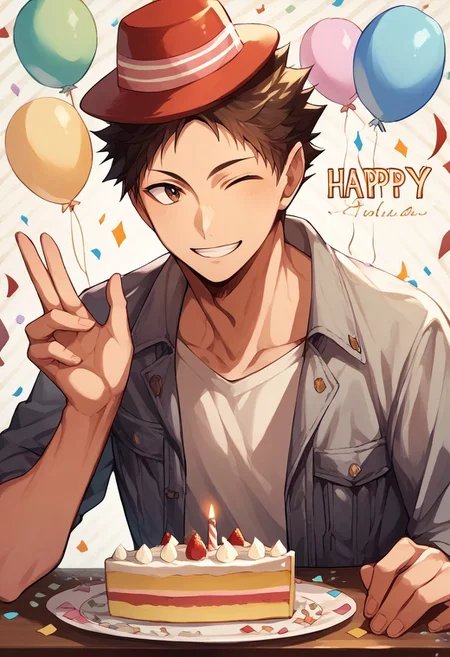 score_9, score_8_up, score_7_up, source_anime, rating_safe, confetti, Iwaikyu, 1boy, male focus, casual clothes, birthday hat, smiling, upper body, clapping, hands with five fingers, happy birthday, cake on table, simple patterned background, cute wallpaper,