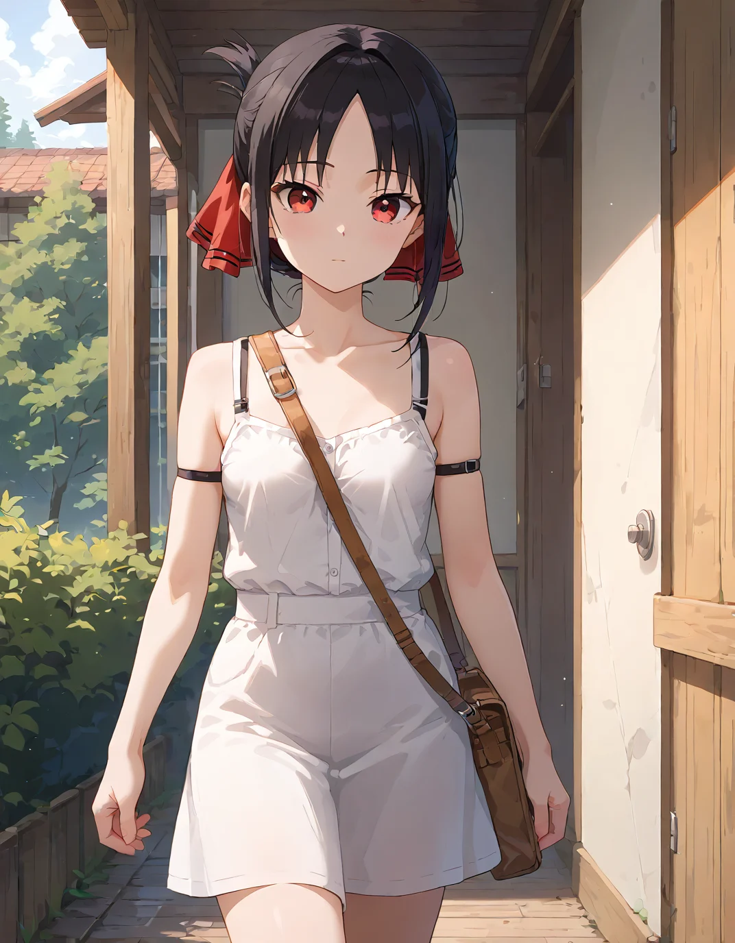 score_9, score_8_up, score_7_up, source_anime, <lora:add-detail-xl:1>, good anatomy, masterpiece, amazing quality, ultra detailed, good hand
BREAK 1girl, casual, walking, <lora:pai-sura:0.6> pai-sura, breasts emphasis, slant bag, bag strap passing between breasts,
BREAK <lora:ShinomiyaTest1-Aesthetic:0.9> shinomiya kaguya, red eyes, black hair, short hair, folded ponytail, small breasts,