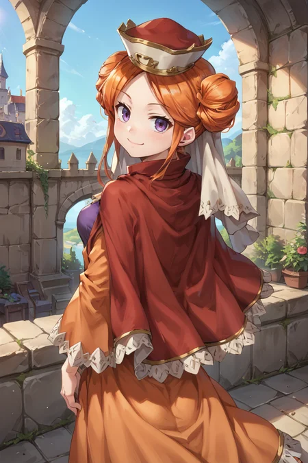 score_9, score_8_up, score_7_up, score_6_up, source_anime, BREAK,<lora:Eudy:0.7> , eudef, 1girl, purple eyes, orange hair, double bun, doughnut hair bun, ((pince-nez)), (cape), hat, veil, orange dress, shirt under dress, purple shirt (looking at viewer), looking back, smile, closed mouth, castle, scenery, <lora:backgroundsetXL:0.4> , background,   <lora:wasabi_pony:0.65> , inzaniak, (from behind),